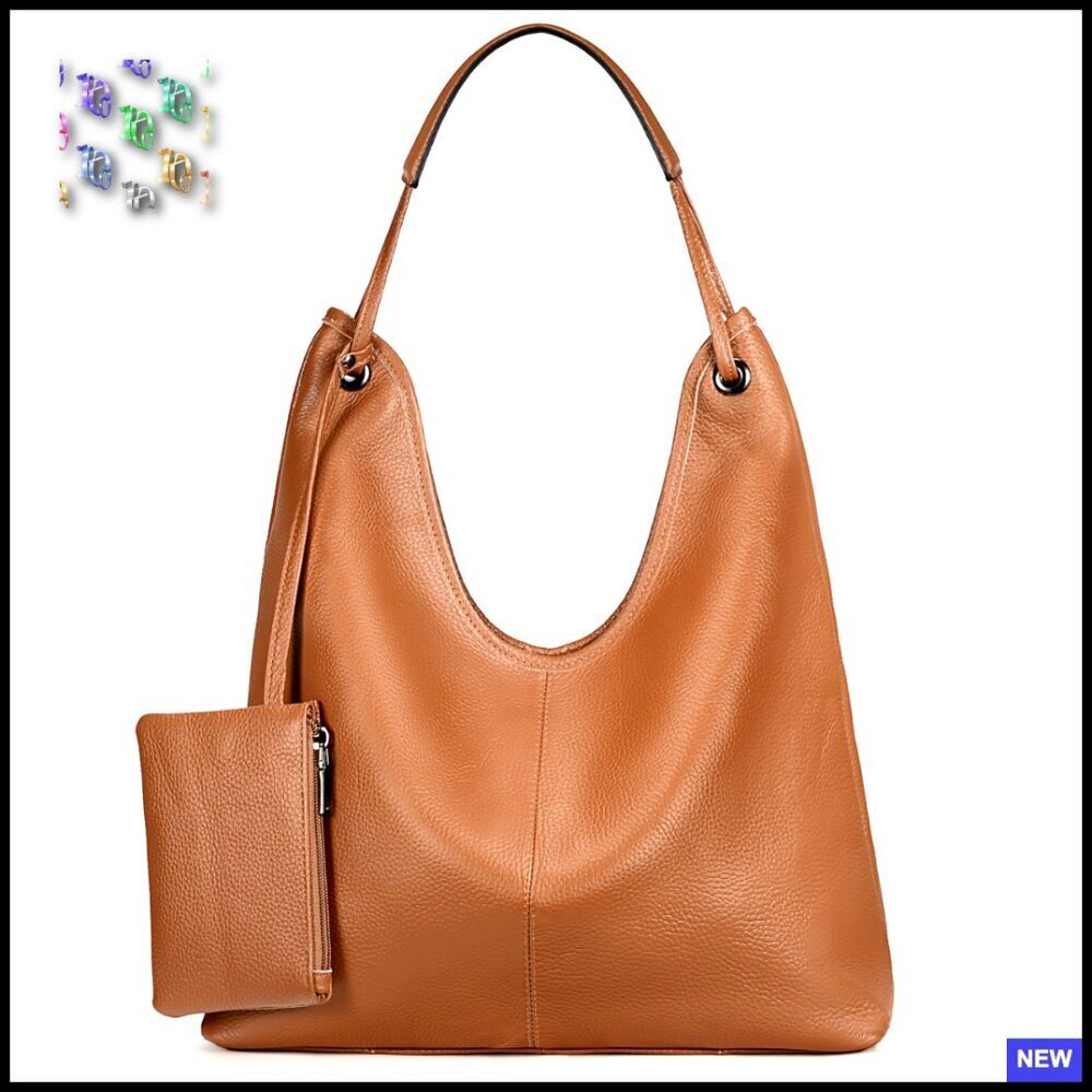 Genuine Cowhide Leather Hobo Handbag Shoulder Purse with Coin Pouch